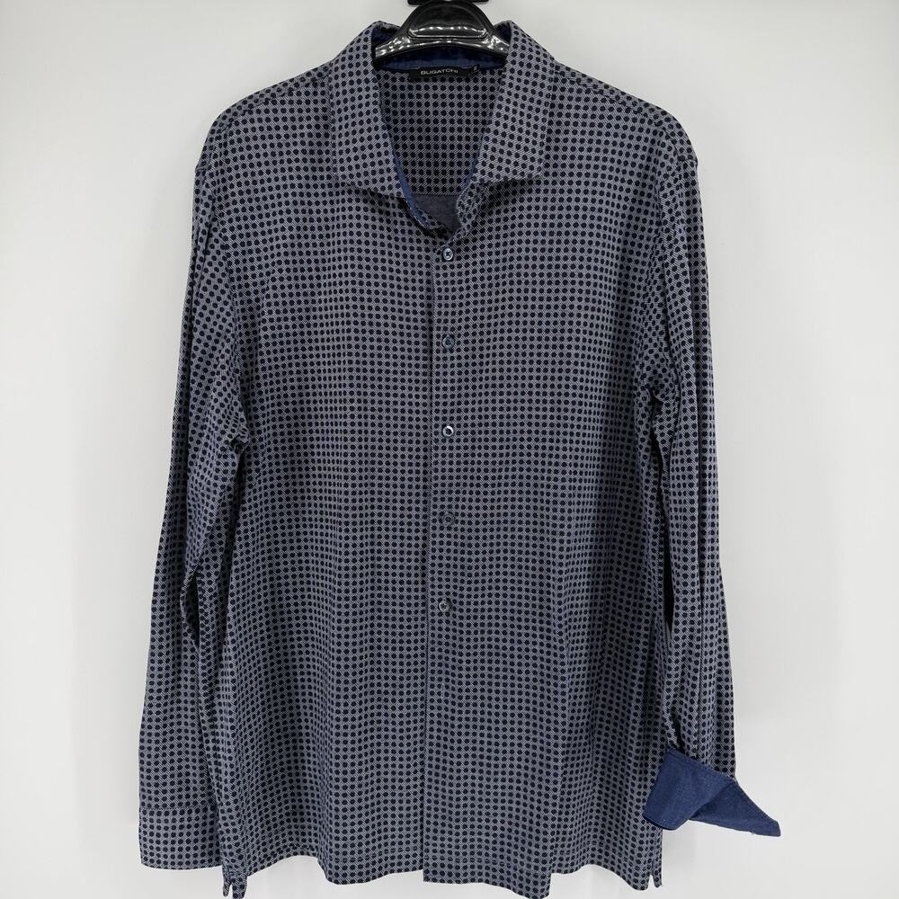 Bugatchi Button Up Shirt Casual Blue Check Polka Dot Flip Cuff Mens Size 2XL